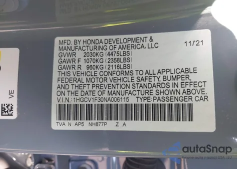 2022 Honda Accord Sport z USA, uszkodzony, nr VIN 1HGCV1F30NA006115